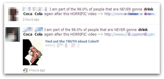 facebook status update clickjacking coca cola horrific video link scam