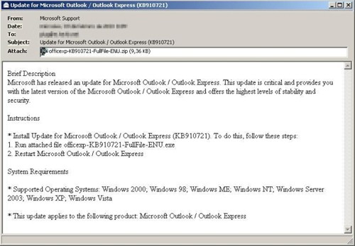 fake microsoft outlook email message with bredolab trojan attachment