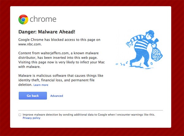 aviso de malware chrome adiante