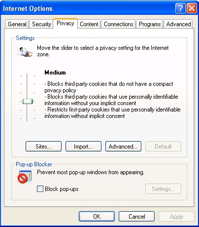 internet options privacy