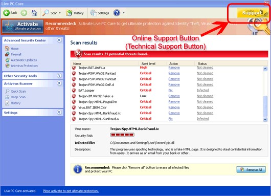 Live PC Care bogus Online Support function button