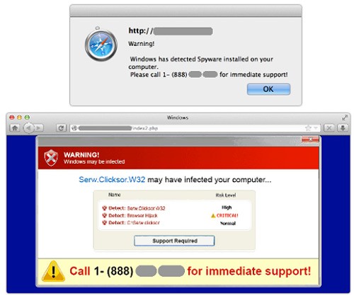 malicious site offering fake av support call