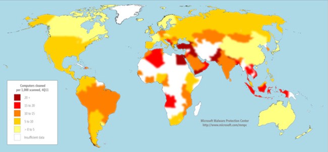 taxas de infecção por malwares no quarto trimestre de 2011 por países