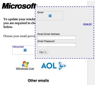 tema da microsoft phishing scam email redirecionar site