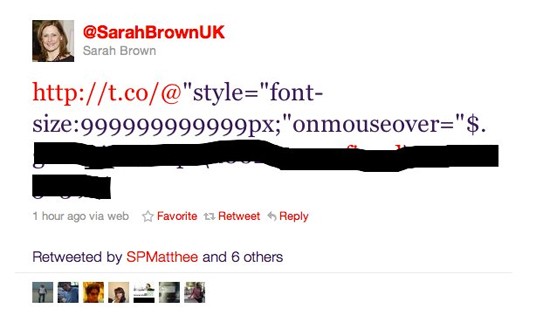 twitter onmouseover hack exploit link sarah brown tweet