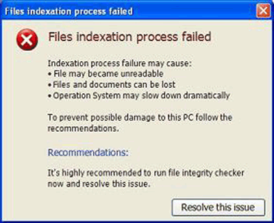 'Files indexation process failed' Fake Message screenshot
