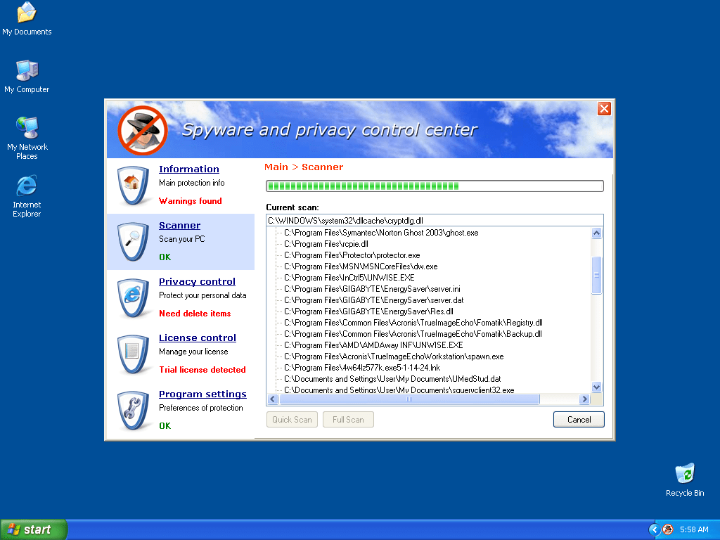 Spyware and Privacy Control Center screenshot
