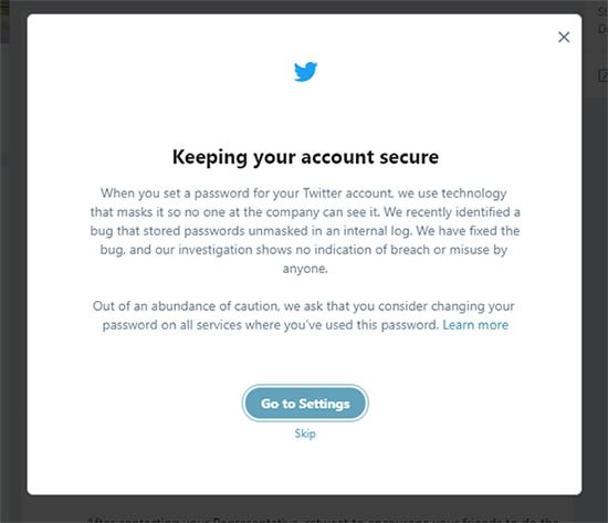 twitter password bug message pop-up