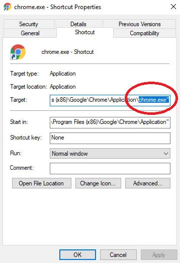 browser shortcut target
